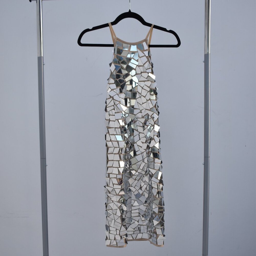 Mew Mews Mirror Shard Dress – Reflective Mini Halter, Size M